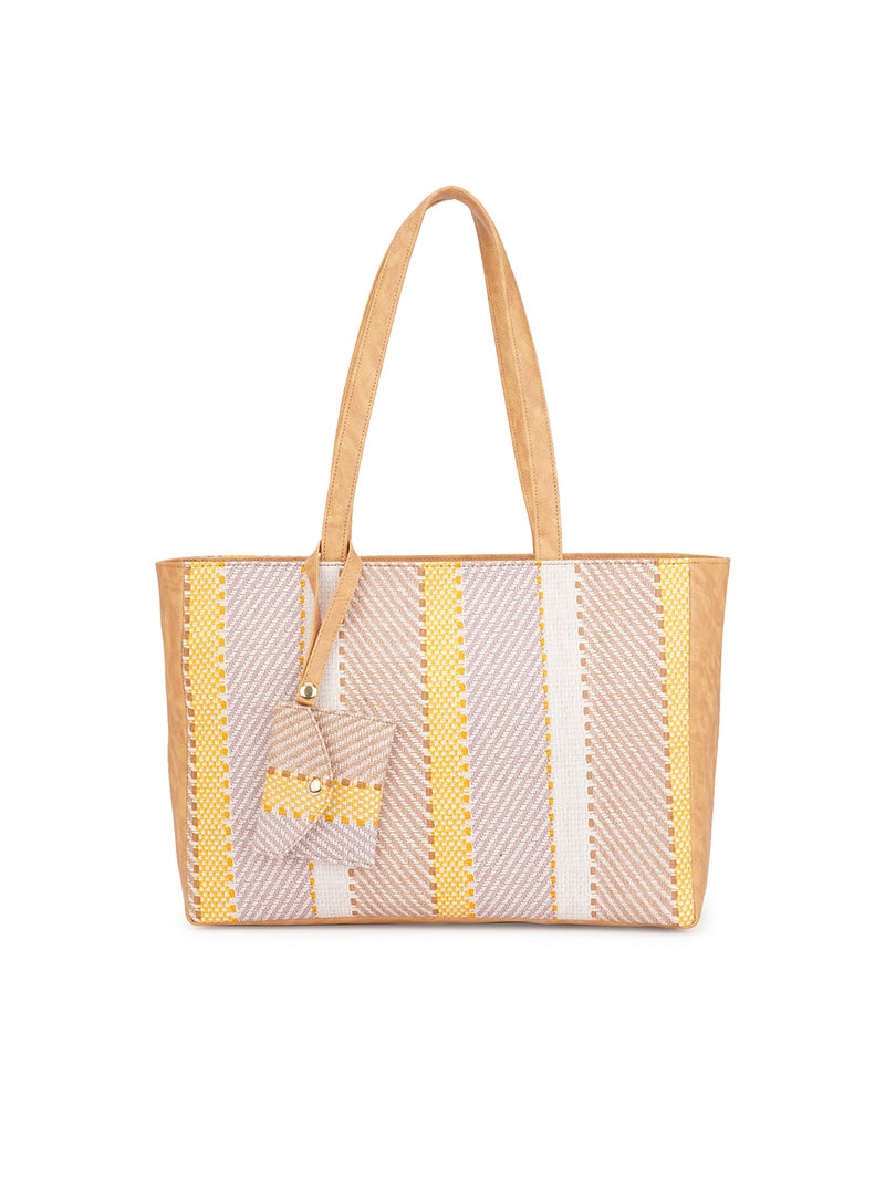 Globus Women Mustard Vegan Leather Jute Abstract Print Double Handle Tote Bag With Pouch - Image 1